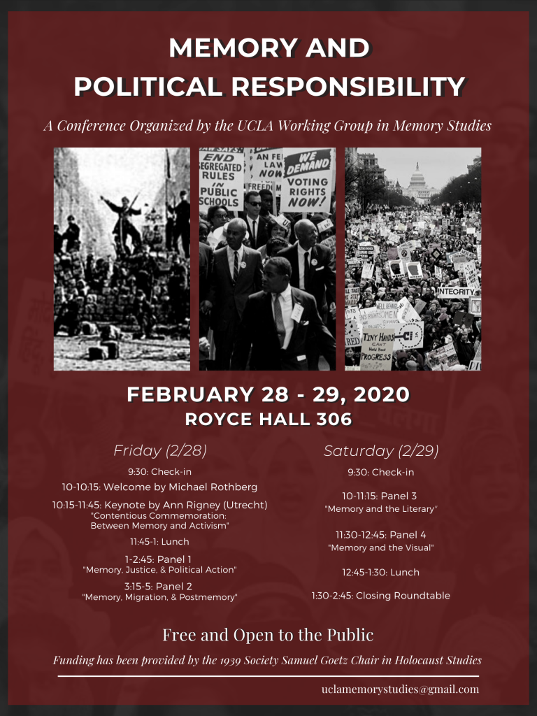 Poster for the Working Group in Memory Studies event titled "Memory and Political Responsibility", which took place on February 28-29, 2020. 