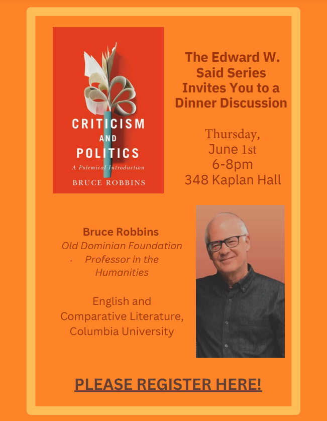 Flyer for Bruce Robbins Dinner Discussion, June 1, 2023.