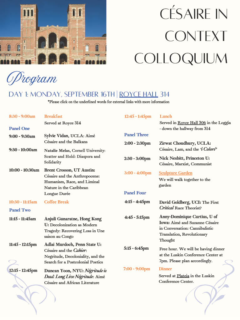 Césaire in Context Colloquium Program, Day 1. September 16, 2025.