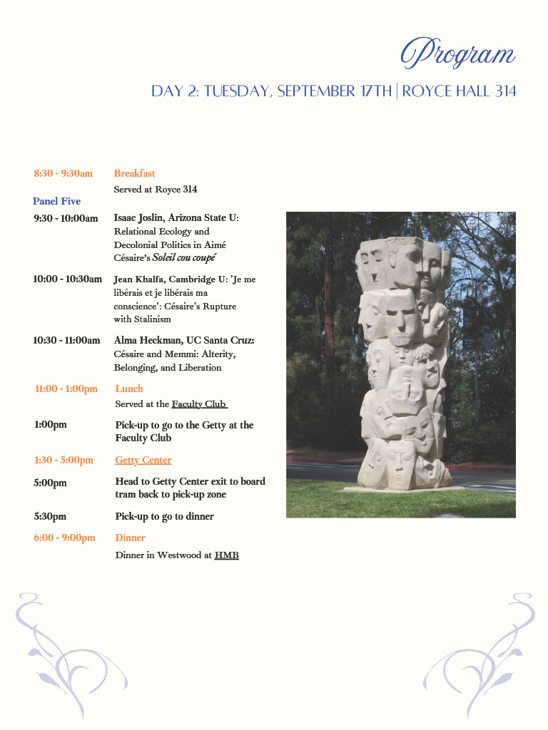Césaire in Context Colloquium Program, Day 2. September 17, 2025.